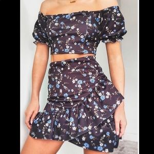 Floral black and blue two piece set